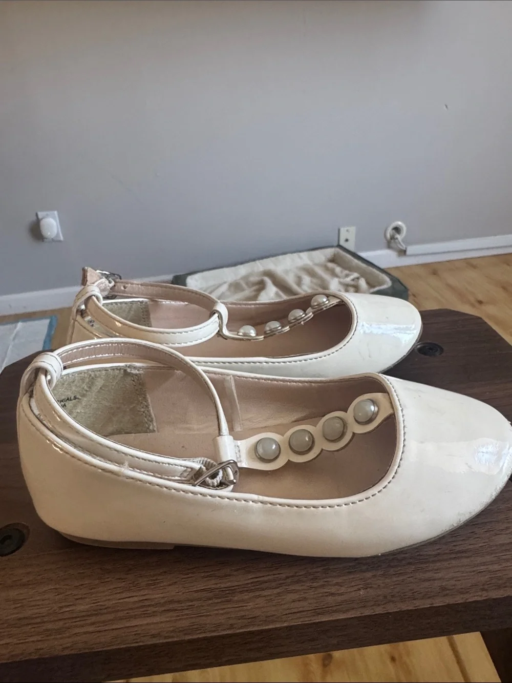 Place Ivory T-Strap Pearl Accent Girls Dress Shoes